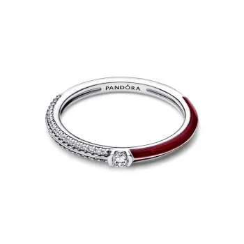 Sterling silver ring with clear cubic zirconia and red enamel 