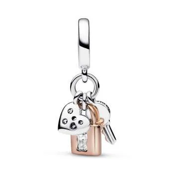 Dvobarvni trojni viseči obesek s ključem, ključavnico in srčkom 