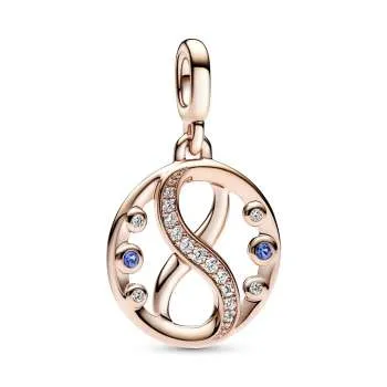 Infinity 14k rose gold-plated medallion with clear cubic zirconia and stellar blue crystal 