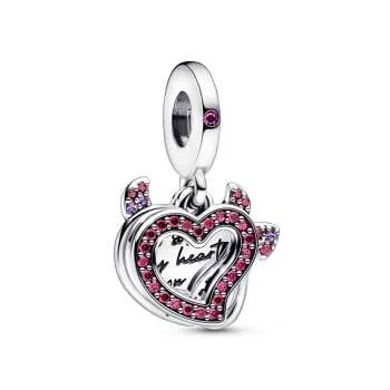 Devil heart sterling silver dangle with red cubic zirconia and royal purple crystal 