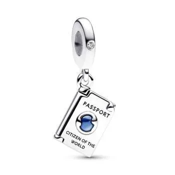Passport sterling silver dangle with clear cubic zirconia and shaded blue enamel 