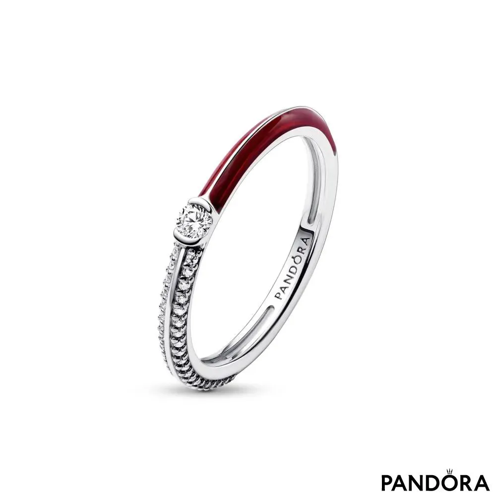 Sterling silver ring with clear cubic zirconia and red enamel 