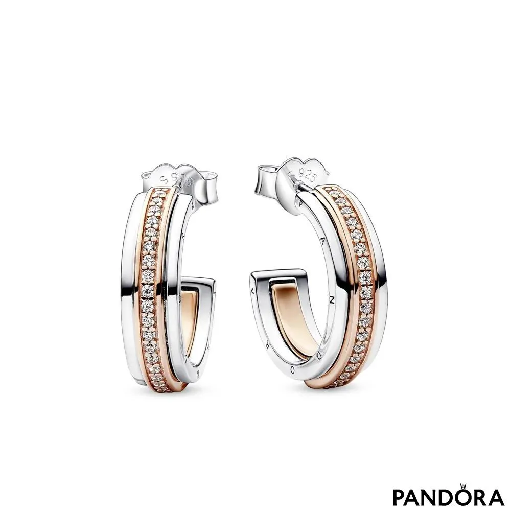 Dvobarvni obročasti uhani Pandora Signature z logotipom in v slogu pavé 