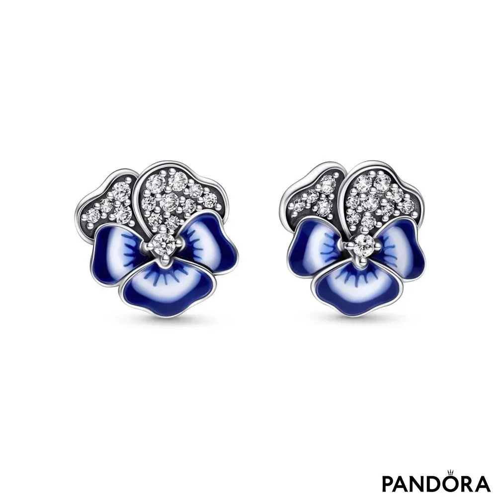 Blue Pansy Flower Stud Earrings 