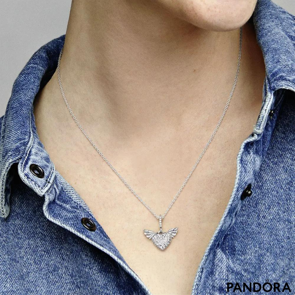Pandora Sterling Silver & Cubic Zirconia Heart & Angel Wings Drop Charm - Silver