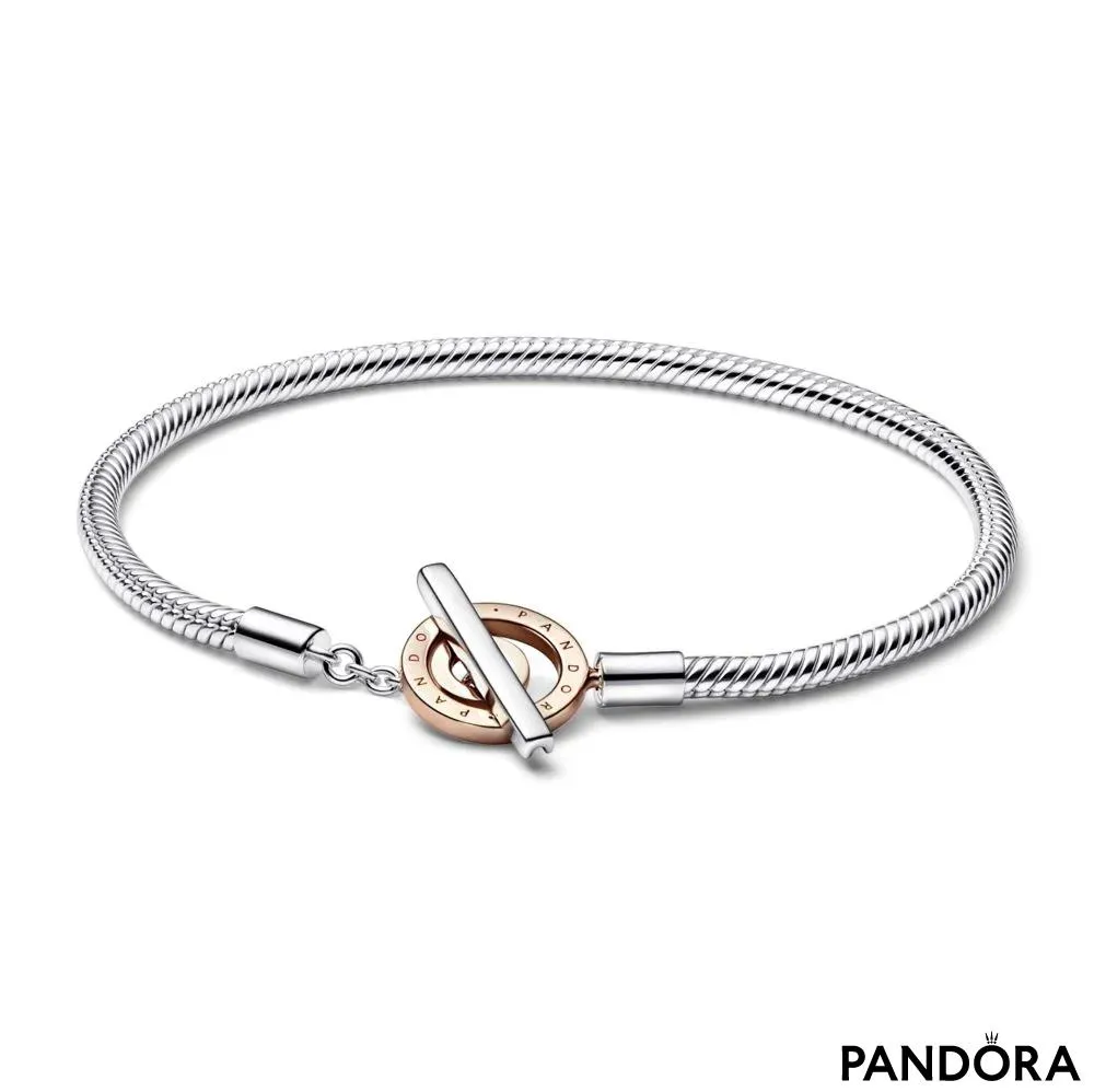 Pandora Signature Two-tone Logo T-Bar Snake Chain Bracelet 