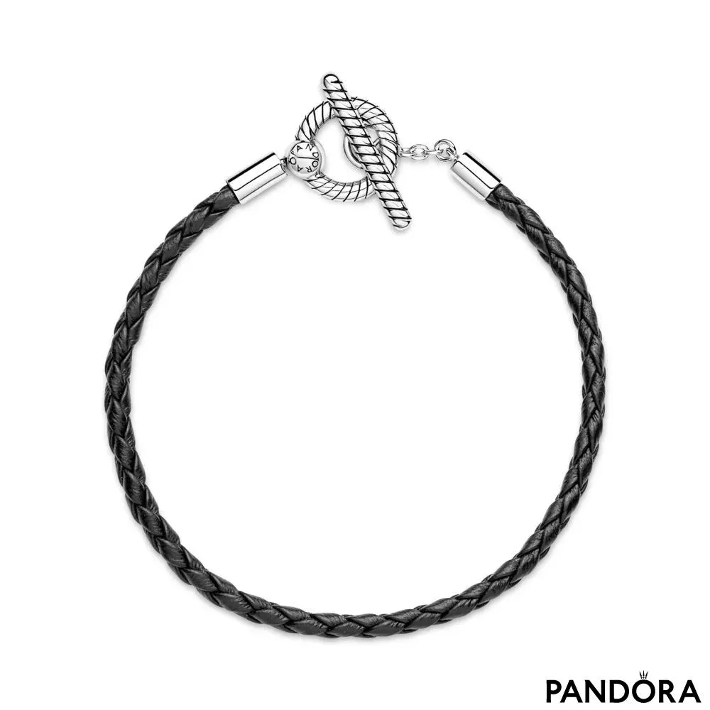 Zapestnica Pandora Moments iz pletenega usnja s T-paličico 