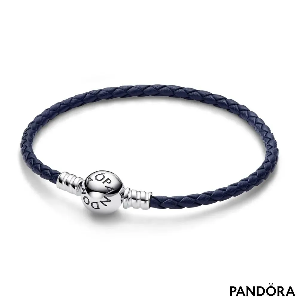Blue leather bracelet with sterling silver clasp 