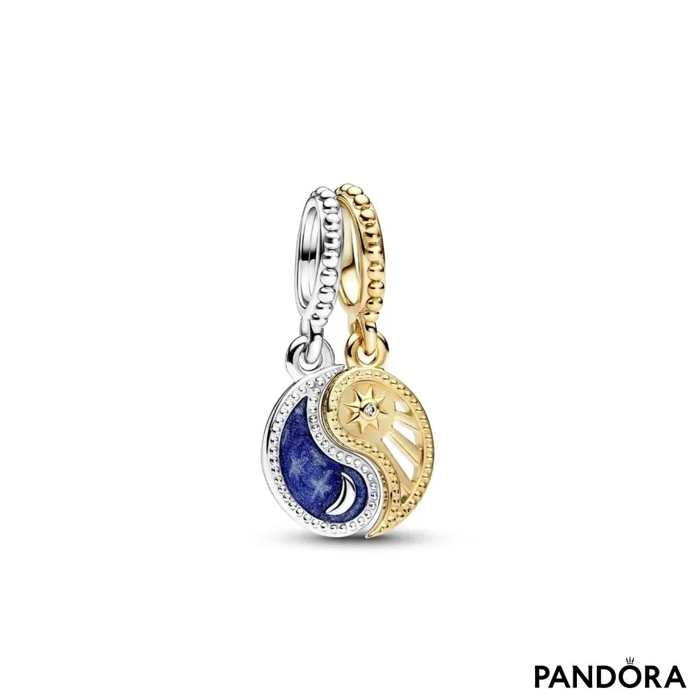 Yin and Yang sterling silver and 14k gold-plated splittable dangle with clear cubic zirconia and glittering shaded blue enamel 