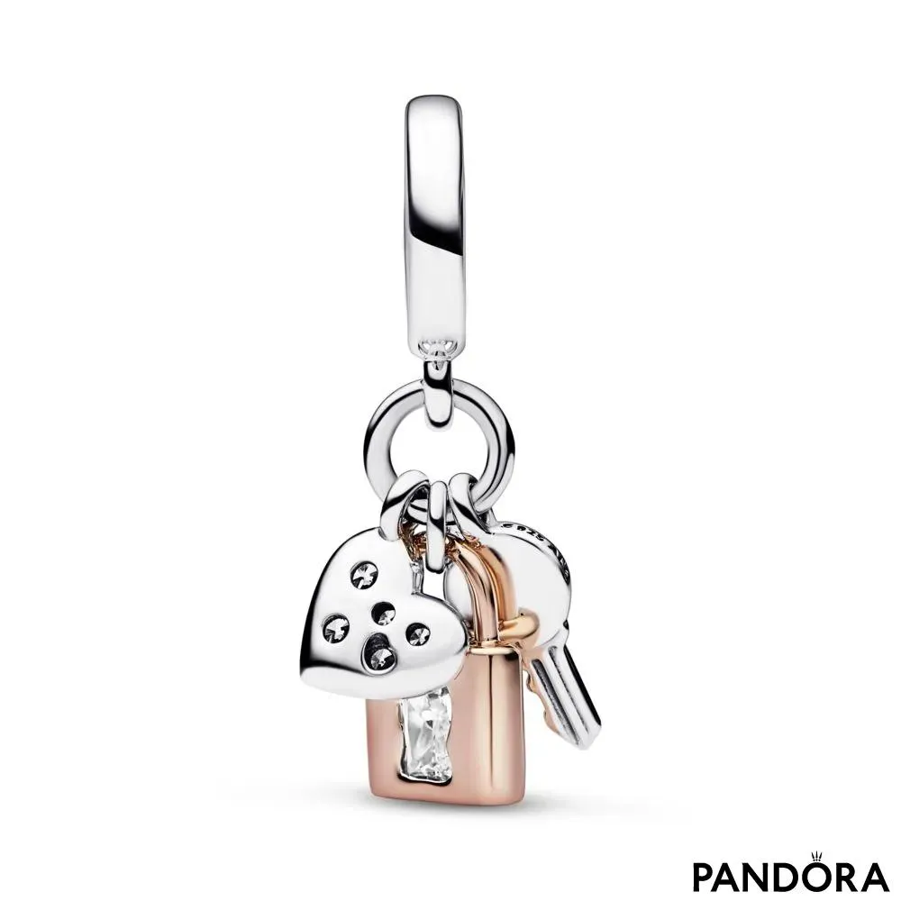 Padlock, key and heart sterling silver and 14k rose gold-plated dangle with clear cubic zirconia and black enamel 