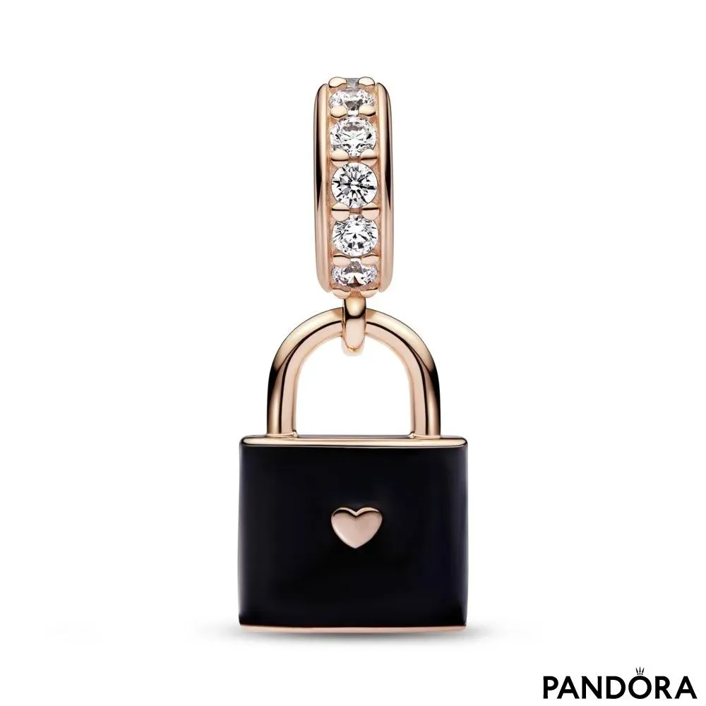 Padlock 14k rose gold-plated dangle with clear cubic zirconia and black enamel 