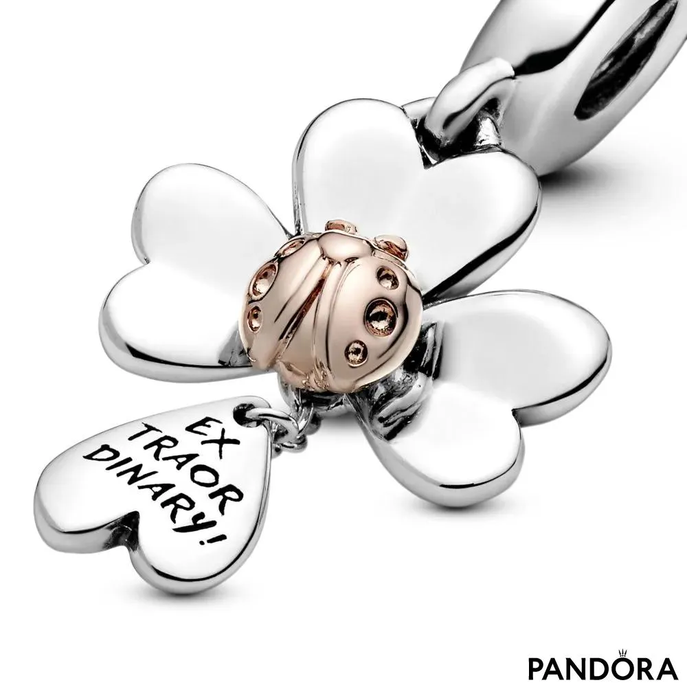 Pandora 14k roza pozlata obesek deteljica in pikapolonica 