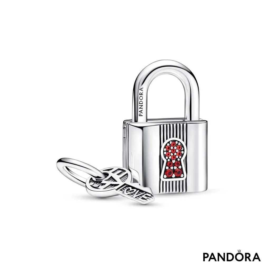 Padlock and key sterling silver dangle with salsa red crystal 