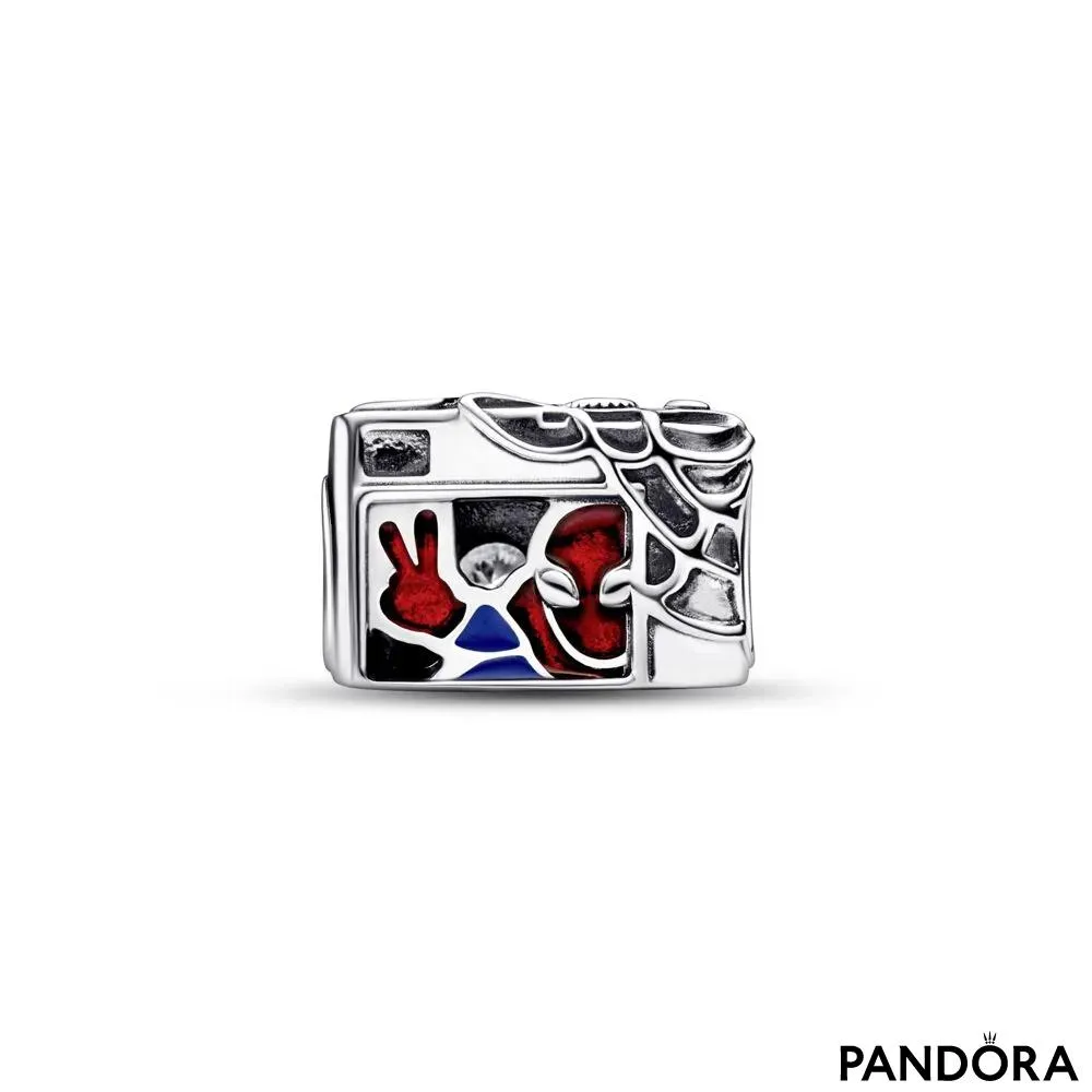Marvel Spider-Man camera sterling silver charm with clear cubic zirconia, black, blue and transparent red enamel 