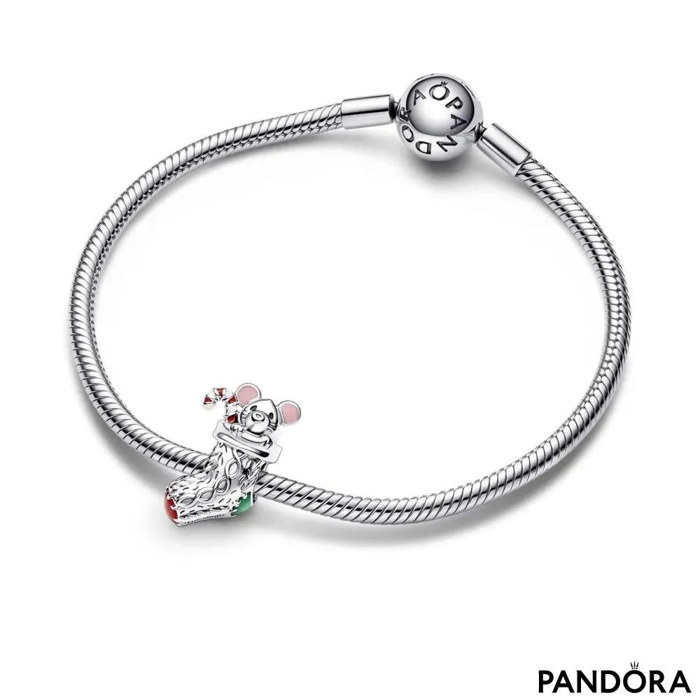 Christmas mouse in a sock sterling silver charm with red, white, dark green and dusty pink enamel 