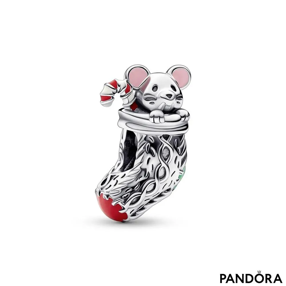 Christmas mouse in a sock sterling silver charm with red, white, dark green and dusty pink enamel 