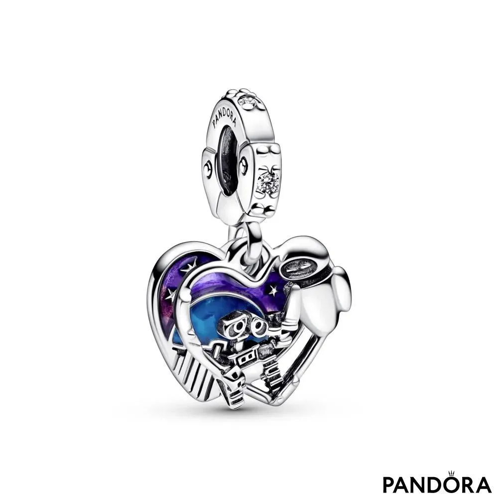 Disney Wall-E and Eve heart sterling silver double dangle with clear cubic zirconia, shaded purple to pink and blue glow in the dark enamel 