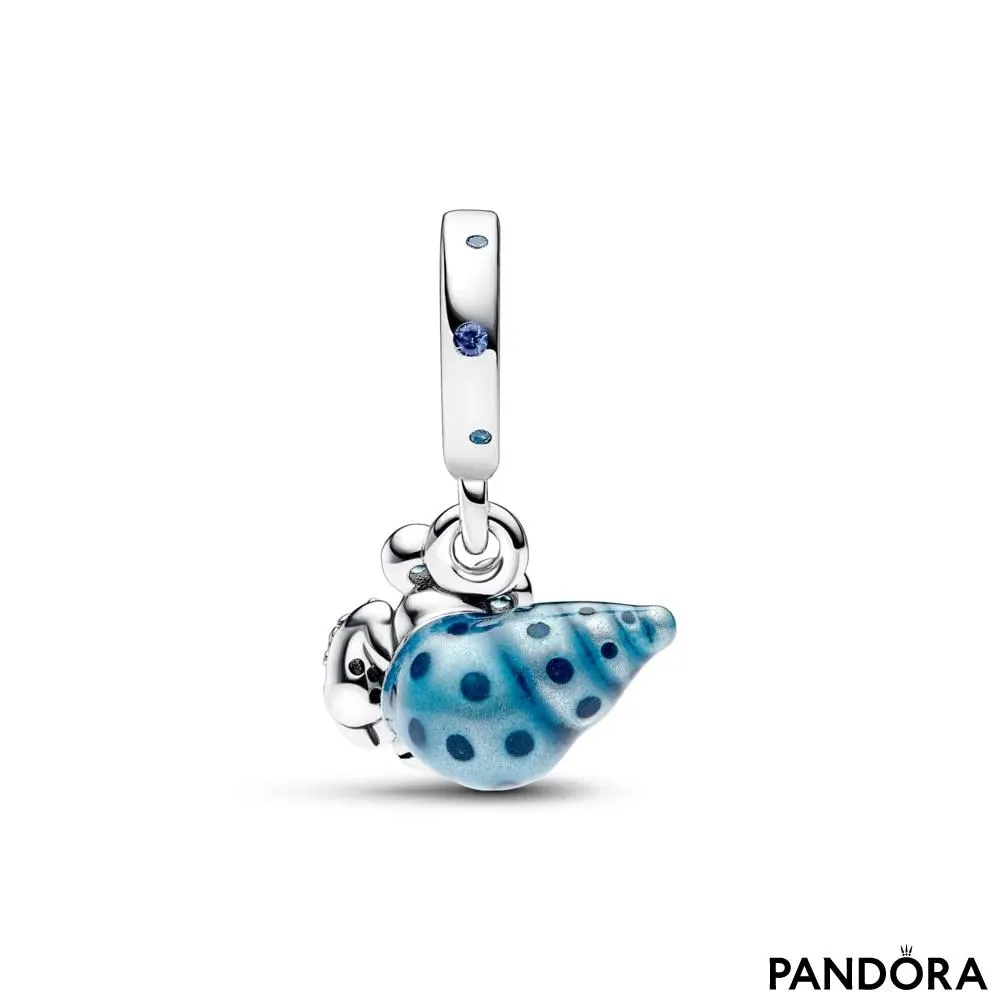 Hermit crab sterling silver dangle with stellar blue, icy green crystal, clear cubic zirconia and blue glow-in-the-dark ena 