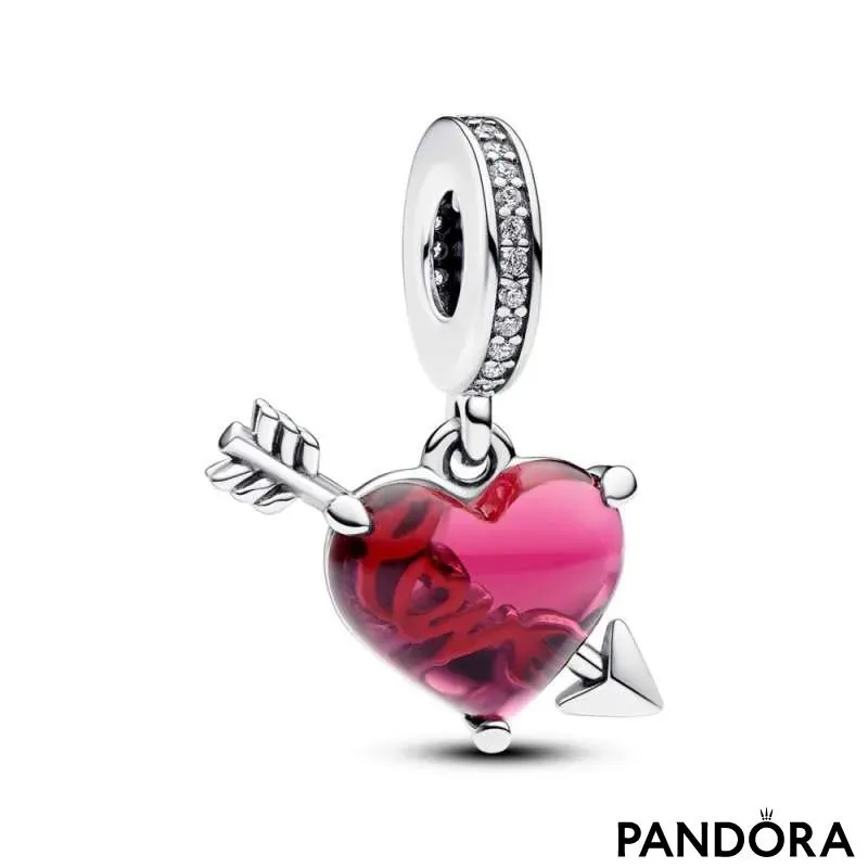 Red Heart & Arrow Murano Glass Dangle Charm 