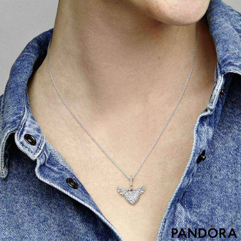 Pavé Heart and Angel Wings Necklace | PANDORA
